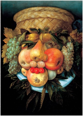 Arcimboldo, Testa reversibile con cesto di frutta, 1590